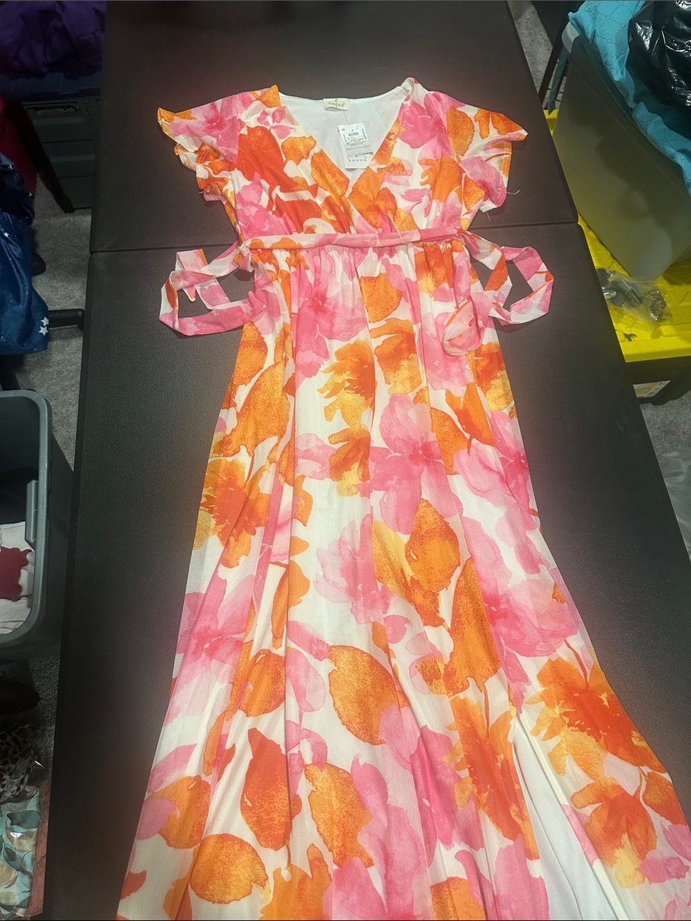 Women’s Pink & Orange Floral Maxi Dress with Tie Waist